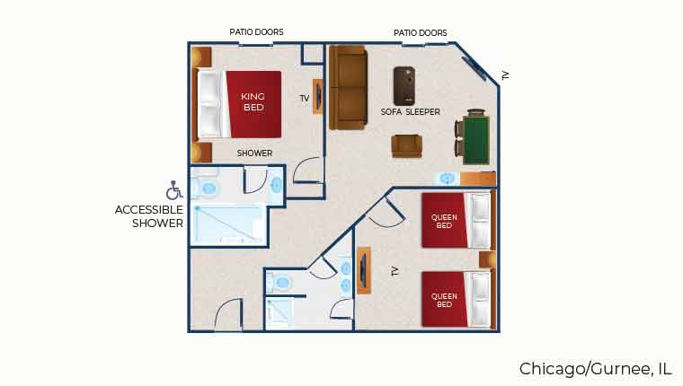 The floor plan for the accessible shower Deluxe Grizzly Bear Suite with balcony/patio